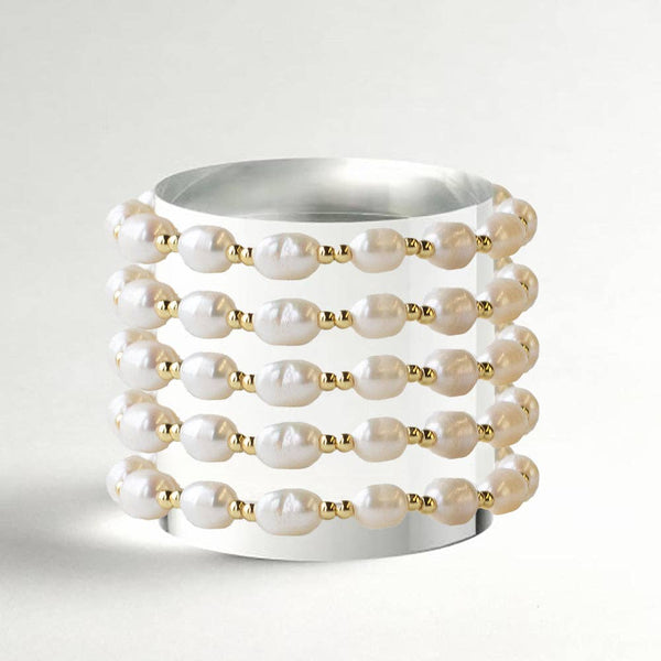 Gilded Gold Beaded Stretch Bracelets, Pearl
