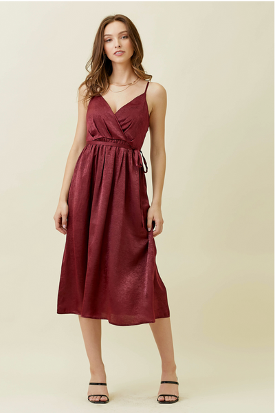 Crushed Satin Long Surplice Dress