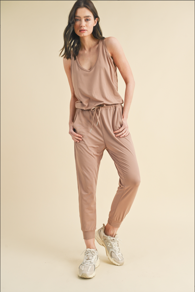 Soft Touch Knit Jumpsuit with Drawstring in Mocha