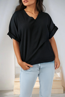 Plus Size Seamed Back High Low Hem V Neck Cuffed Sleeve Tee
