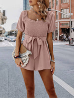 Smocked Square Neck Waist Tie Romper